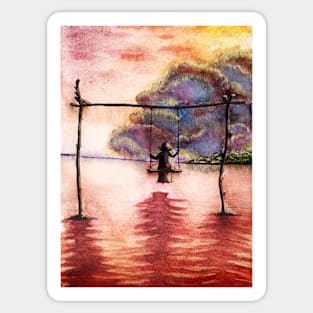 Woman on swing in a sunset. Sticker